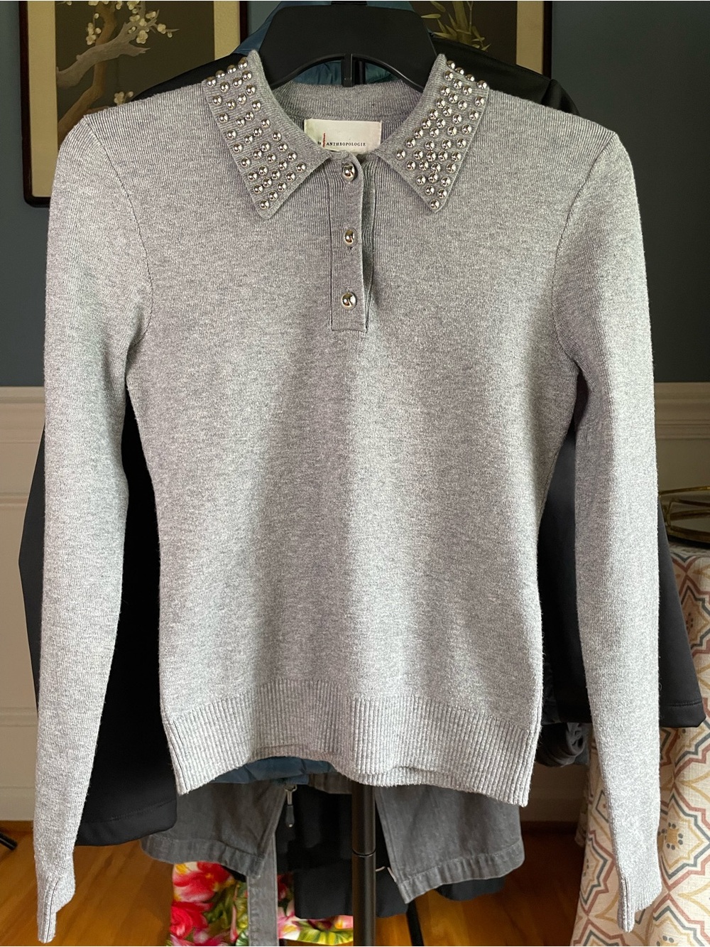 By Anthropologie Studded-Collar Polo Sweater - Light Gray Size XXS
